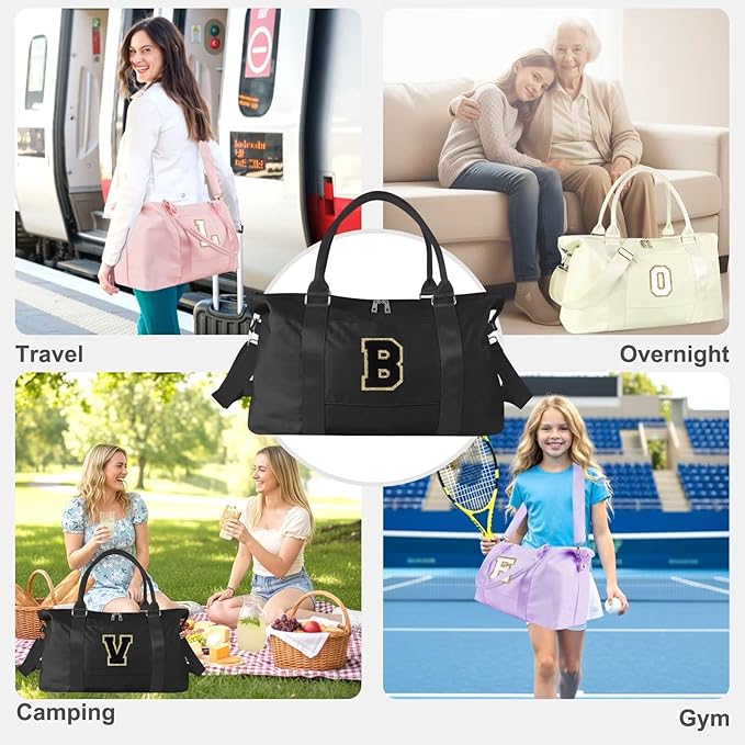 Dance Gym Duffel Bag for Teen Girls, Personalized Initial Travel Weekender Bag,Cute Overnight Carry On Duffle for Women,Sports Travel Cheer Bag,Monogram Christmas Gifts for Tween Preppy(black-A)