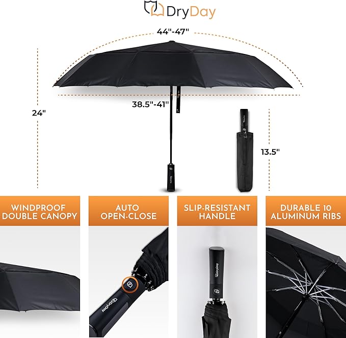 DryDay Premium Umbrellas for Rain, Large Windproof Double Canopy Umbrella, 10 Aluminum Ribs, Sturdy Frame, Auto Open Close Unique Handle, Windproof & Waterproof Umbrella for Women & Men