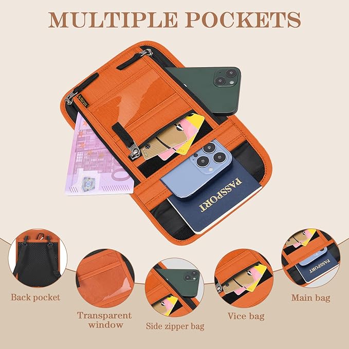 Passport Holder for Travel, Neck Pouch Travel Wallet With RFID Blocking, Waterproof Lightweight Passport Wallet for Women and Men (Orange)