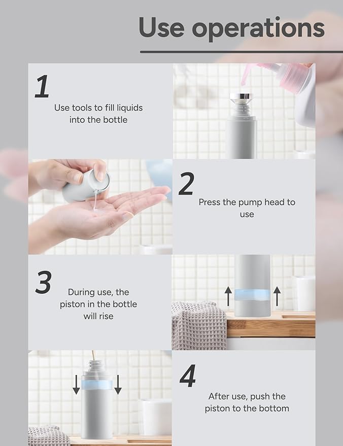 Airless Pump Bottles Travel: Lotion Dispenser for Small Size - Empty Shampoo Containers - Mini Vacuum Jar for Cream - 1 oz Plastic Gray