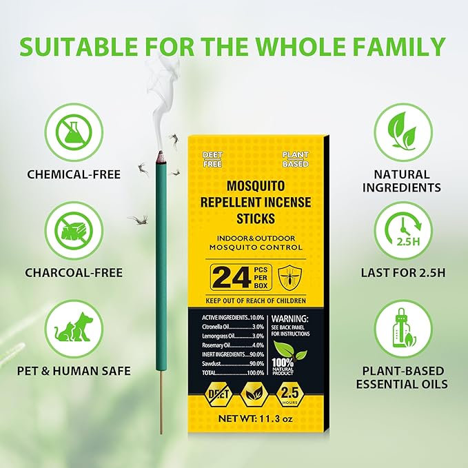 BugBai® Mosquito Repellent Outdoor Patio, 24PCS Natural Citronella Incense Sticks with Plant-Based Essential Oil of Lemongrass Rosemary, DEET-Free 2.5H Protection for Indoor Home Yoga Camping Fishing