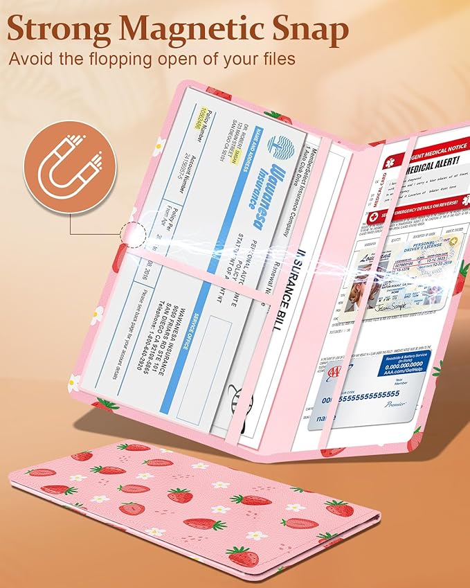 Slohif Car Registration and Insurance Card Holder with Magnetic Shut - Vehicle Glove Box Organizer Women Leather Automobile License Holders Coasters Auto Accessories Case for Document,Strawberry