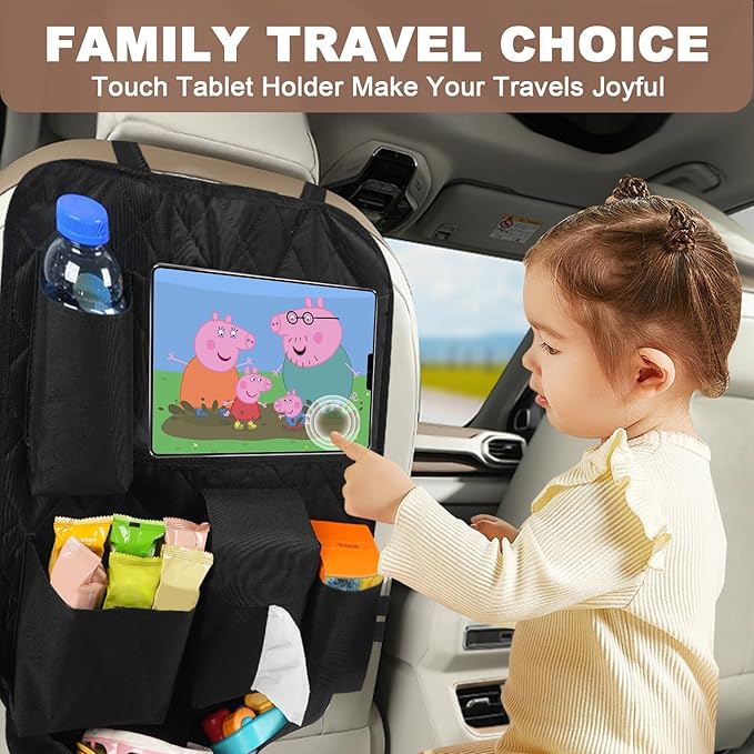GMQ Backseat Car Organizer with Touch Screen,Kick Mats Back Seat Organizer for Kids,Multifunctional Seat Back Organizer Car Travel Accessories (Black, 1 PC)
