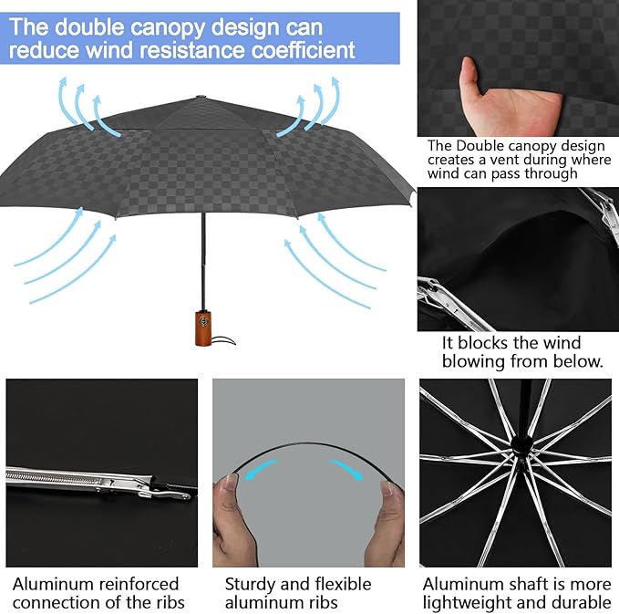 Satol 46/54/62 Inch Large Golf Umbrella, Windproof 10 Ribs Automatic Open/Close Oversize Double Canopy Vented Portable Folding Travel Umbrellas, UPF 50+ Sun & Rain Compact Umbrellas for Outdoor