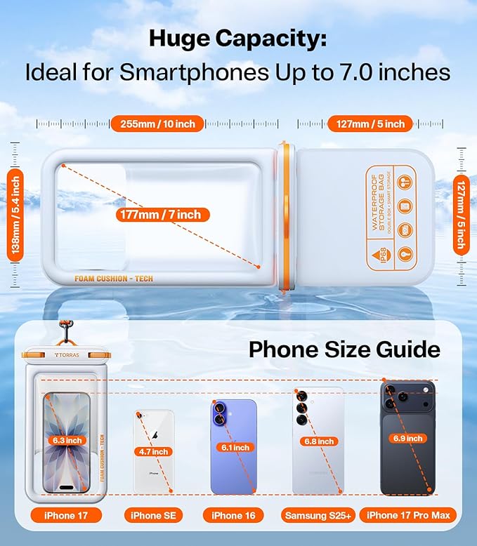 TORRAS IP68 Waterproof Phone Pouch Double Space, Floating Waterproof Phone Case with Lanyard for iPhone 17 Pro Max 16 15 14 S25 S24, Phone Dry Bag Vacation Cruise Ship Travel Essentials 7.0'', White