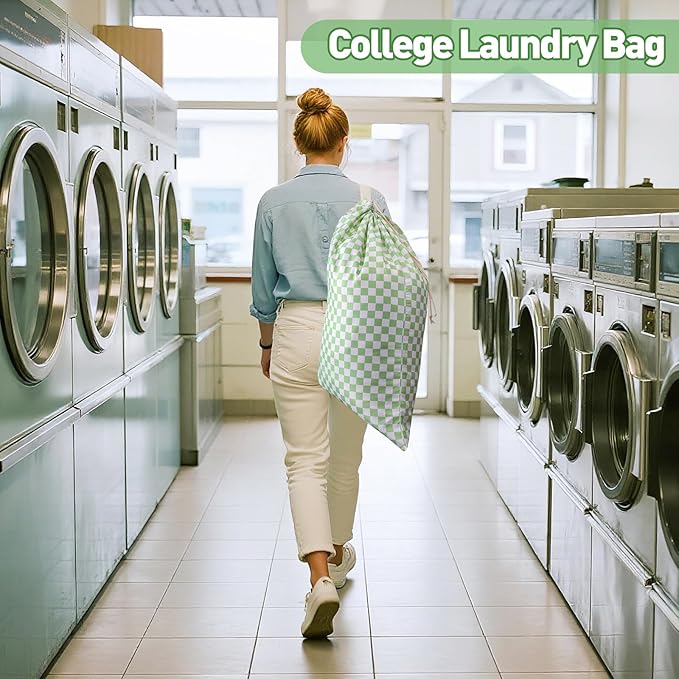 Laundry Bag, Dirty Backpack Laundry Bag For College Travel Laundromat Apartment, With Handles 29" X 18" (Green White Checkered)