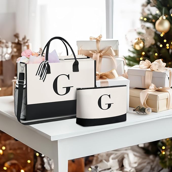 BAGAIL Initial Tote Bag, Personalized Birthday Gifts for Women, Teacher, Friends, Mom, Wedding, Monogrammed Beach Bag