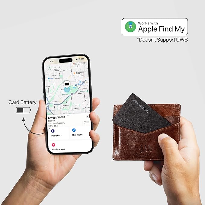 SPOTMINDERS Apple MFi Certified Wallet Tracker Works With Apple Find My Tracking Card for Wallet Card Rechargeable IP68 Waterproof 0.07in Slim iPhone Item Finder for Luggage Tags Purse Gifts for Women