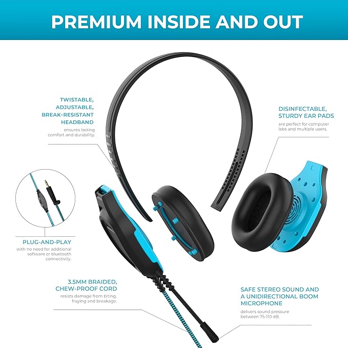 Gumdrop DropTech On-Ear Wired Headphones with 3.5 mm Jack and Long Tangle Free Chew-Proof Cord - Rugged, Reliable, Drop Tested and Comfortable for Kids, K-12 Students, Classroom and School Use - Black