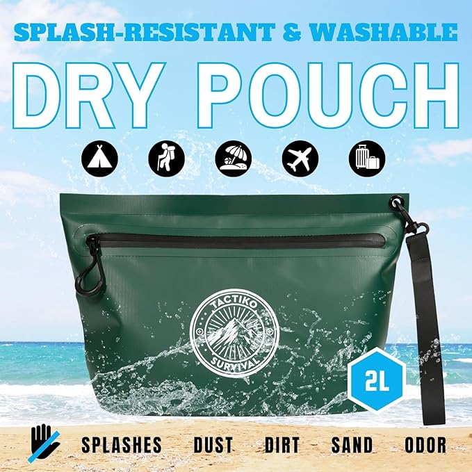 Tactiko 3L Water Resistant Pouch - Waterproof Material w/Splashproof Zipper - Hold All Zipper Bag for Storage, Toiletries, Travel, Beach, Cruise, Home (Green)
