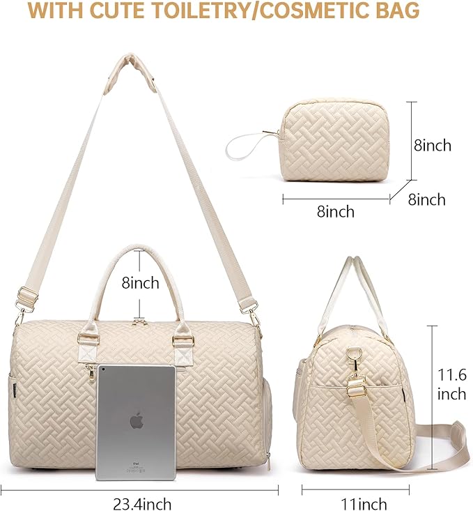Duffle Bag for Travel, Weekender Bag with Shoe Compartment, Carry On Overnight Bag for Women with Toiletry Bag, Gym Bag with Wet Pocket, Hospital Bags for Labor and Delivery Beige