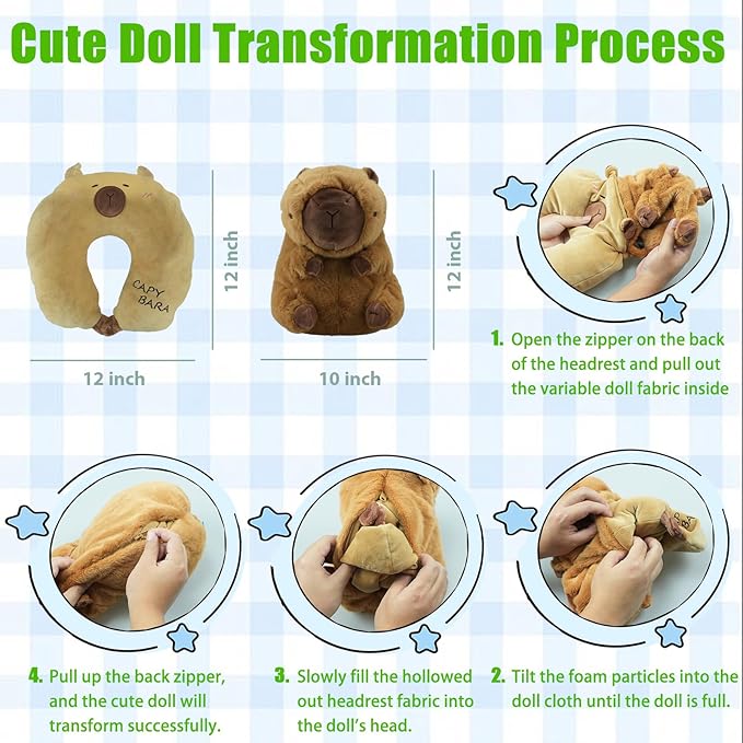 Travel Pillow for Kids & Adults Car Neck Pillow Memory Cotton U-Shaped Neck Pillow Soft Head Support Travel Accessories for Airplane Car Train Bus (Capybara)