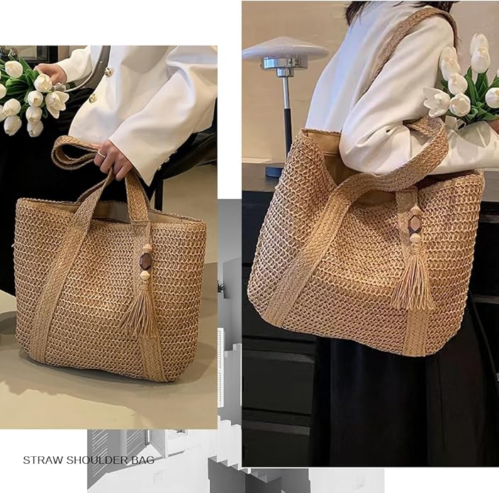 Straw Beach Bags for Women Woven Beach Tote Bag Casual Boho Large Shoulder Handbags Purse for Vacation Holiday