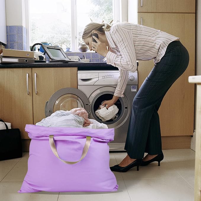 Cotton Canvas Laundry Bag with Handles & Drawstring Straps, Heavy Duty Extra Large Laundry Bags for Laundromat and Household, 25.5x34 Inch, Purple