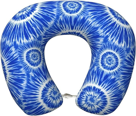 Support Neck Pillow for Youth Travel, Washable Airplane Chin Supporting and Relax U Shaped Pillows Blue Tie Dye
