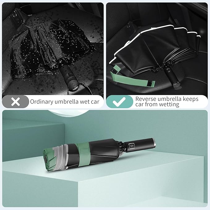 Yoobure Inverted Windproof Travel Umbrella - Automatic Umbrellas for Rain, Compact Folding with Reflective Stripe, Portable Large for Backpack, Lightweight with Sun UV Protection