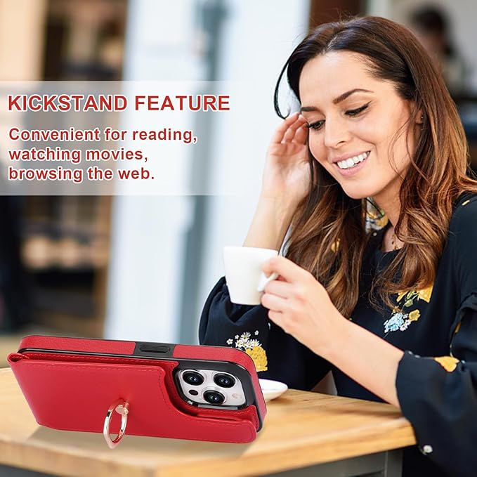 Folosu Compatible with iPhone 15 Pro Case Wallet with Card Holder, 360°Rotation Finger Ring Holder Kickstand, RFID Blocking Leather Protective Double Buttons Shockproof Cover 6.1 Inch Red