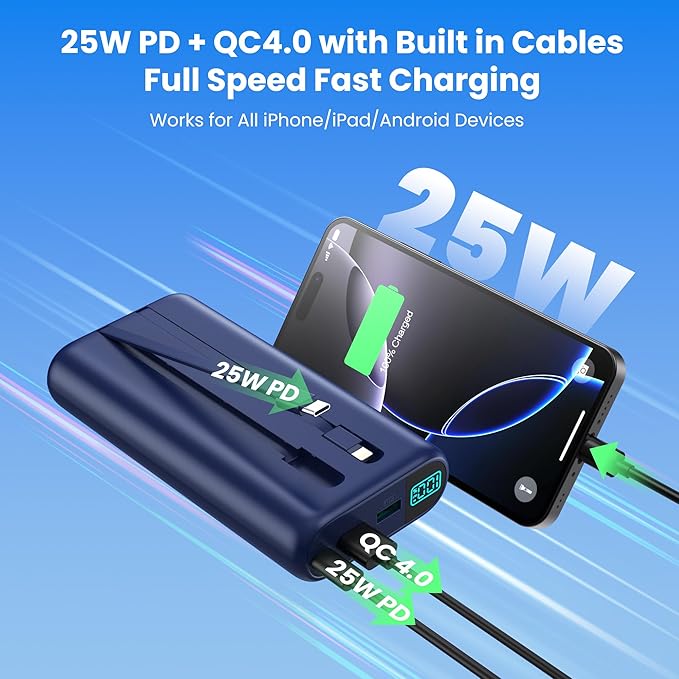 Portable Charger 40,800mAh Power Bank with Built-in Cables,5 USB Output Battery Pack Backup,25W PD USB-C in&out Phone Charging Compatible with iPhone 17/16/15,Android Samsung Galaxy Pixel Nexus-Blue