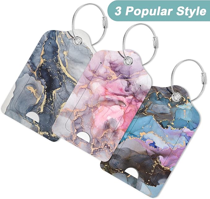 Rimilak 3 Pcs PU Leather Luggage Tags for Suitcase, Travel Cruise Luggage Tag with Privacy Flap, Name ID Label and Metal Loop for Women Men Baggage Handbag School Bag Backpack, Colorful Marble