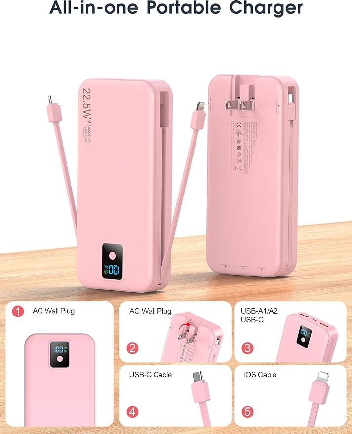 Portable Charger, 20000mAh 22.5W Fast Charging Power Bank with Built-in Cables & Wall Plug, Travel Essential Battery Pack with LED Display, USB C Battery Phone Charger for iPhone, iPad, Samsung Pink