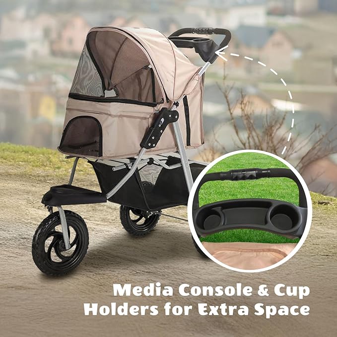 Critter Sitters 3-Wheel Jogging Dog Stroller with Storage Basket and Cup Holders, Modern and Stylish Pet Stroller for Medium to Large Pets up to 55 Pounds, Tan