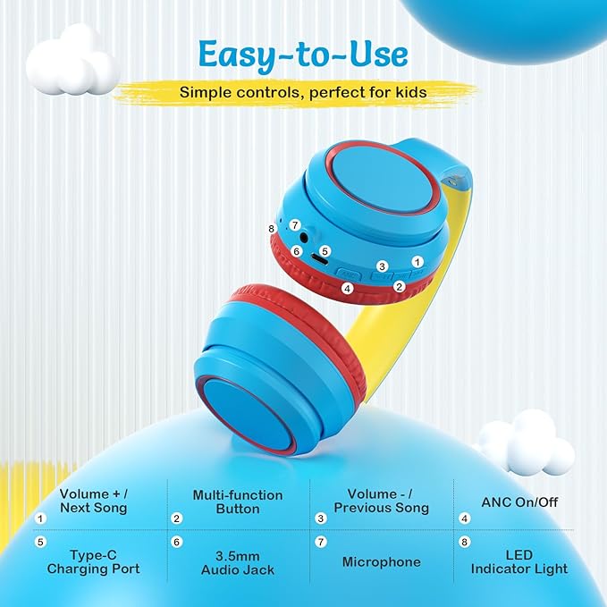 Kids Bluetooth Headphones with Active Noise Cancelling, Wireless Over-Ear Headphones for Boys Girls, Foldable, Adjustable,for School Trave (Blue red)