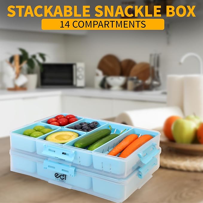 Stackable Snackle Box Containers (2 Pack) 14 Compartment Snack Organizer with Airtight Lids & Handles _ BPA Free, Leakproof, Microwave & Dishwasher Safe Snacklebox for Travel, Gifts & Fridge Storage