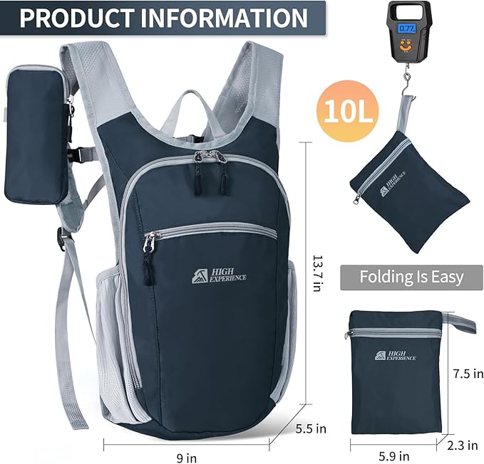 HIGH EXPERIENCE Hiking Backpack 10L/15L Small Daypack Lightweight Packable Travel Foldable Water Resistan for Women Men (Gray, 10L)