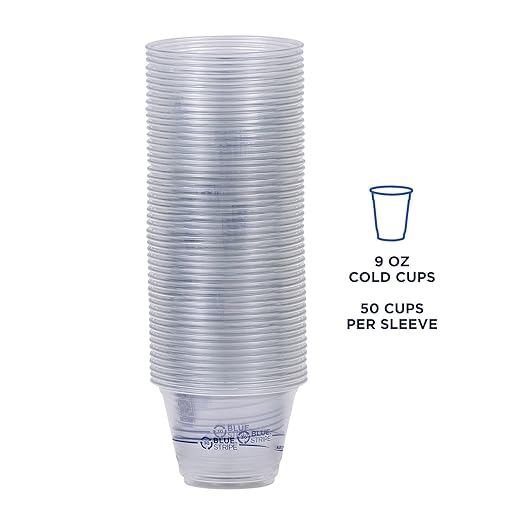 Eco-Products BlueStripe Recycled 9oz Plastic Cups, Case of 1000, Made from 30% Post-Consumer Recycled Plastic Bottles, Recycled PET (rPET) For Cold Drinks & Snacks, Clear For Visibility