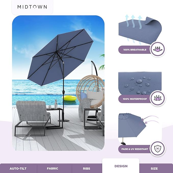Midtown Umbrellas 10-Year-No-Fade - 10 Ft - UV Proof Light Navy Polyester Fabric - Umbrella Outdoor Patio, Aluminum Frame Large Patio Umbrella for Garden, Pool & Deck - Black Pole