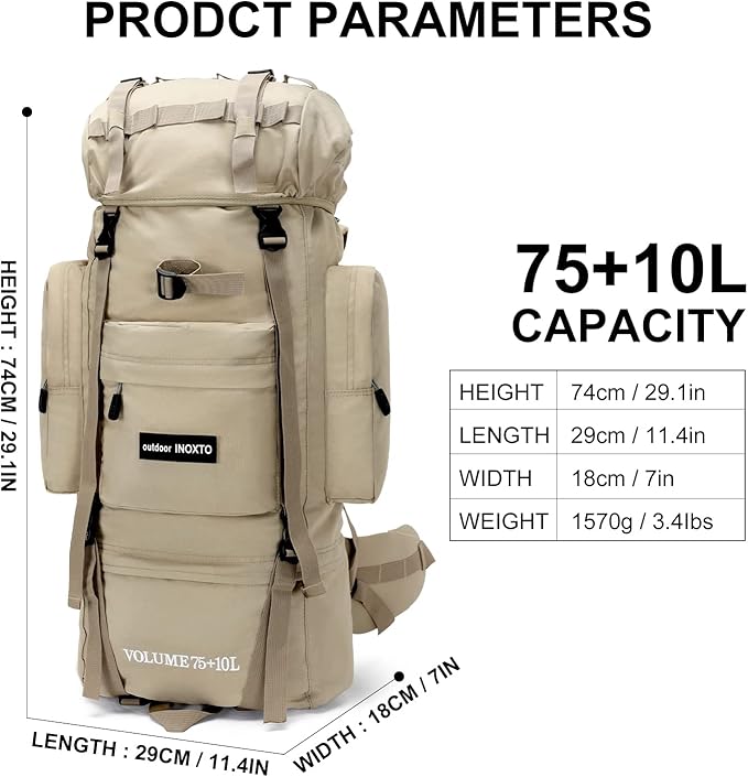IX INOXTO 85L Lightweight Internal Frame Hiking Backpack for Men Women, Waterproof Travel Camping Backpack with Rain Cover (Khaki)