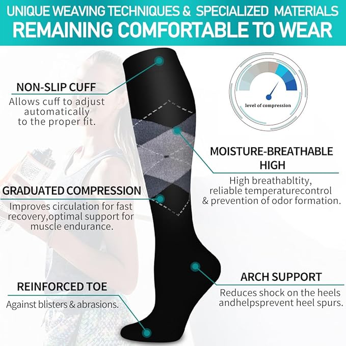 Copper Compression Socks for Women and Men(6 Pairs)-Best Support for Running, Athletic, Nursing, Travel