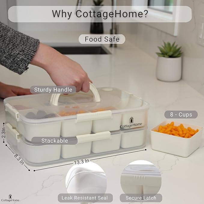 Snackle Box Container with 8 Removable Compartments - 2 Pack Divided Serving Tray with Lid and Handle for Candy, Fruits, Veggies, Nuts, Snacks - Dishwasher Safe, Reusable Travel Snack Box