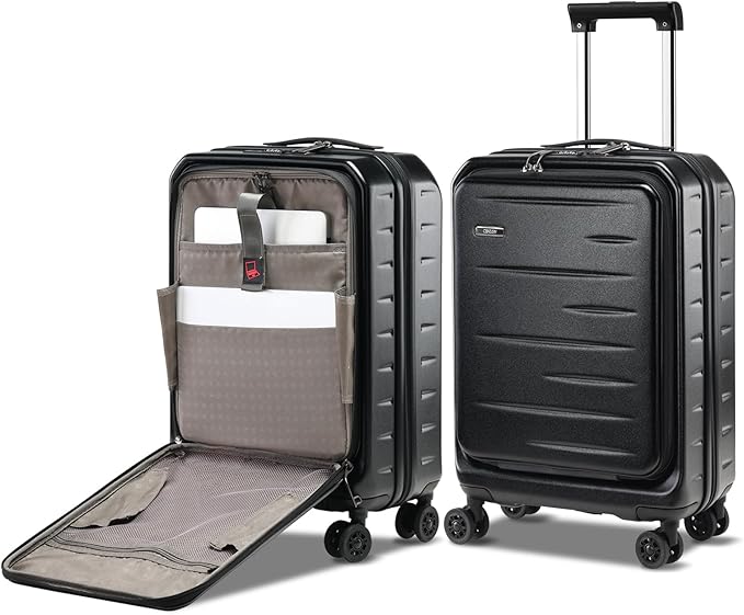 Carry On Luggage 22×14×9 Airline Approved, 20 Inch Lightweight ABS+PC Hard Shell Suitcases with Front Pocket, Spinner Wheels, TSA Lock (Black, 1PC)
