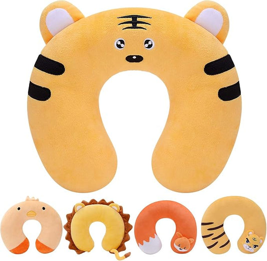 H HOMEWINS Travel Pillow for Kids,Cute Animal Toddler Neck Pillow for Boys Girls,Soft Neck Head Chin Support Pillow,Travel Accessories for Airplane, Car, Train,Recline (Tiger)