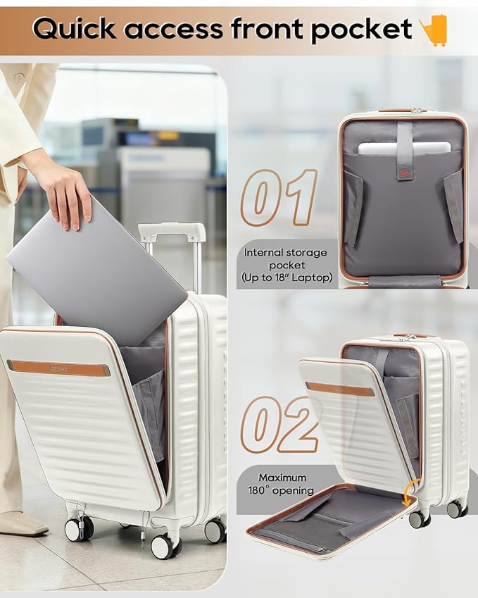 Joyway Carry on Luggage Airline Approved with Front Compartment and Cup Holder, 20 Inch Hard Shell Carry-on Suitcase with Spinner Wheels and TSA Lock for Women Men (Beige, 20 Inch)