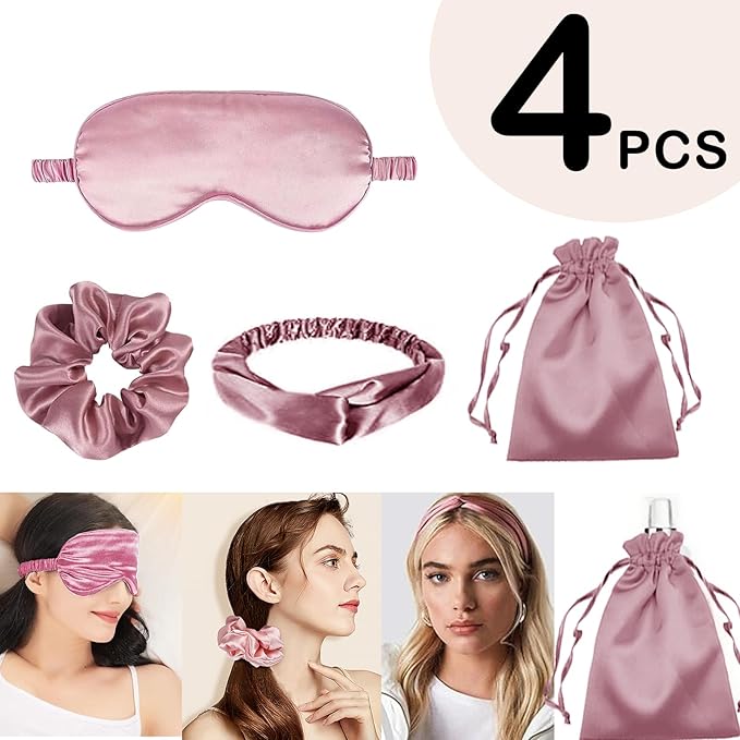 4Pcs Silk Sleep Masks Satin Eye Mask Silky Eyes Cover Blindfold Eyeshade Headband Scrunchies Pouch Bags Bridesmaid Gifts