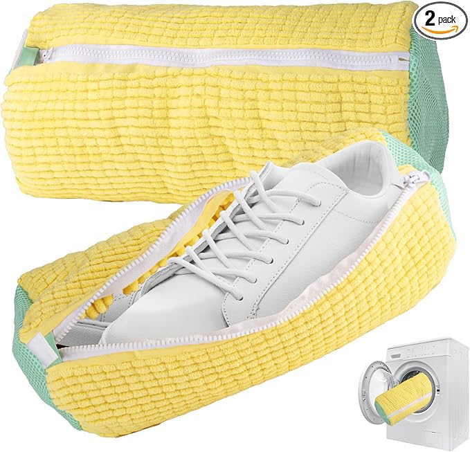 2 Packs Shoe Washing Machine Bag,Laundry Shoe Bag for Washing Machine and Dryer, 360°All-Around Cleaning Sneakers,Top Hidden Zipper,Reusable Sneaker Washing Machine Bag For All Shoe Types (Yellow)