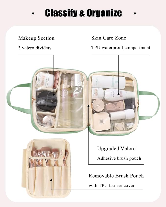 Travel Makeup Bag for Women, Large Capacity Cosmetic Bags for Girls, Compact Pouch Make up Organizer, Waterproof Toiletry Bag with Divider and Handle (Green2)