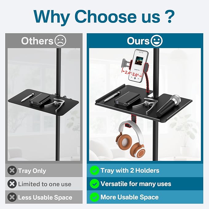 Metal Microphone Stand Tray with Mic Stand Phone Holder - 11.7" x 7.8" Functional Large Mic Stand Tray Shelf for Studio, Concert, Karaoke Clamp on Music Stand Shlef Attachment