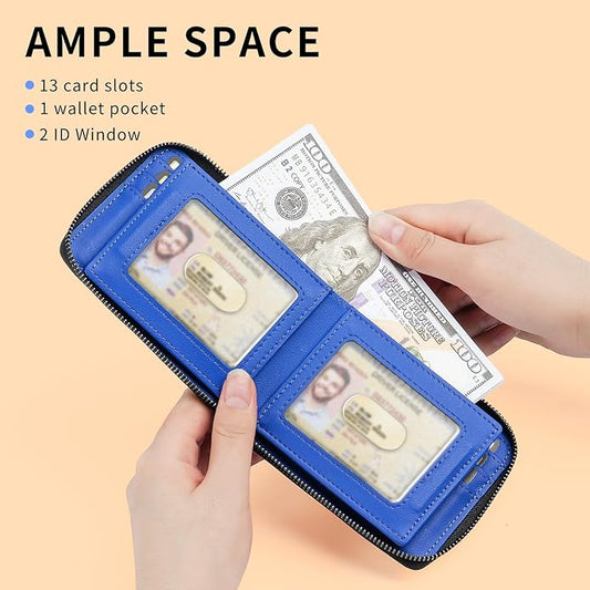Men’s RFID Blocking Zipper Wallet with 2 ID Windows - Large Capacity Design, 13 Credit Card Slots