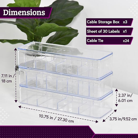 Set of 3 Cable Organizer Box W/Labels - Charger Box, Stackable W/Lids-Cord Organizer Junk Drawer- Cord Storage Box for Desk -Cable Organizer case
