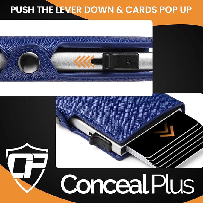 Womens Slim Wallet for Small Purses, Pop Up Wallet with Anti Theft RFID Blocking Credit Card Holder for Women in Navy Blue PU Saffiano