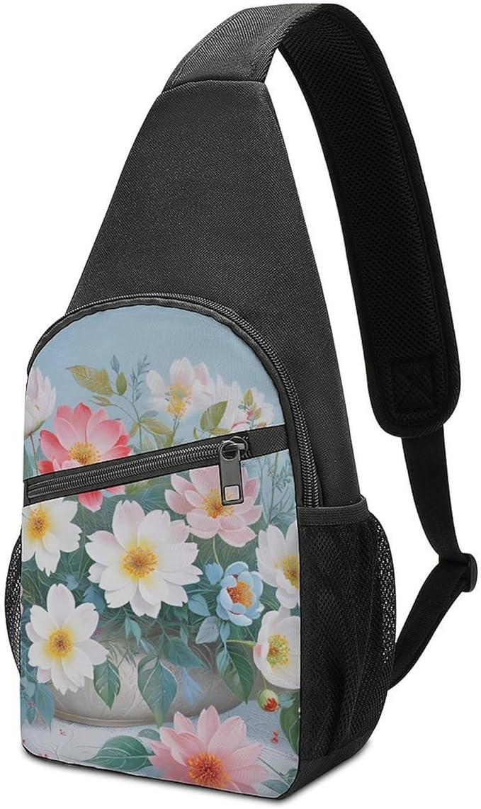 SWEET TANG Cool Sling Backpack for Men Women, Multipurpose Crossbody Shoulder Bag Shabby Chic Rose Patterns, Travel Hiking Zippered Daypack, Adjustable and Breathable