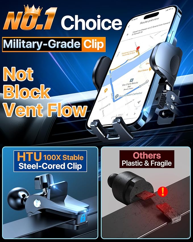2026 Ultimate Best【True Military-Grade & Safety Cert】Car Phone Holder HTU【Upgraded 5-in-1 & 100+LBS Strongest Suction】360 Rotation Truck Windshield Dashboard Vent Mount Stand for iPhone Android, Black