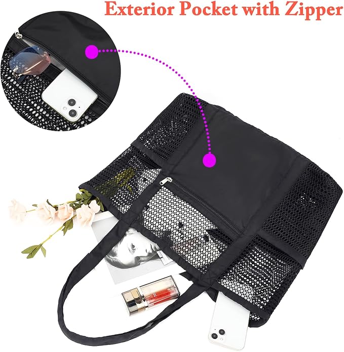 Mesh Beach Bag for Women, Casual Hobo Bags Large Beach Tote for Pool Travel Cruise Vacation Essentials