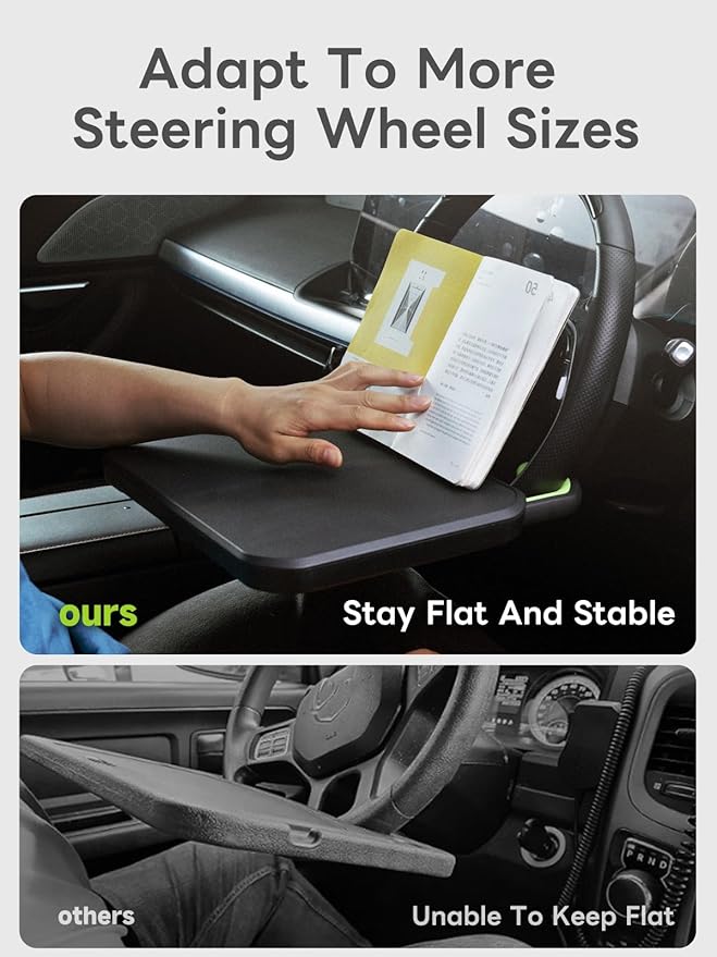 SAIJI Car Steering Wheel Desk with Retractable Slot, Car Food Tray with Anti-Scratch Silicone Steering Wheel Slot, Car Table Tray for Eating with Cup Holder, Multifunctional Travel Car Accessories