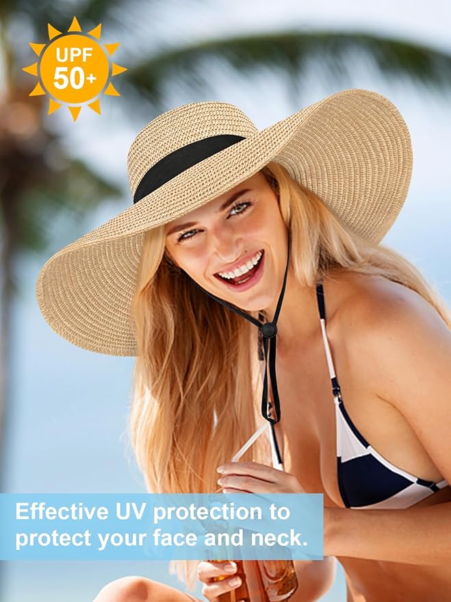 Senker Fashion Sun Hats for Women Oversize Wide Brim Straw Beach Hat Floppy Foldable Roll-Up Summer Vacation UPF 50+