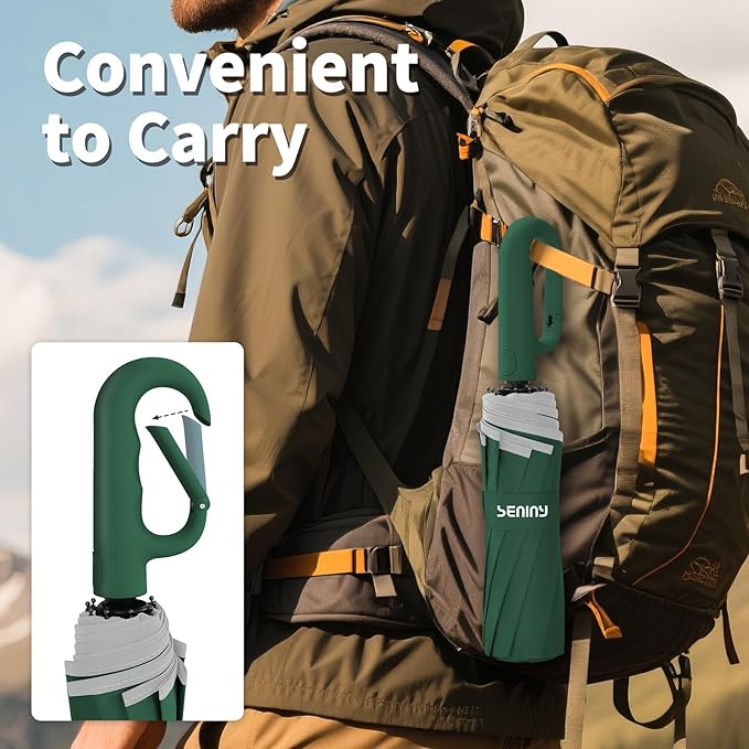 Seniny Travel Umbrella with Carabiner Handle, Windproof Large Umbrellas for Rain with Dual-Rib Structure, Portable Compact Umbrella with Reflective Strip, Car Backpack UV Umbrellas for Sun Protection