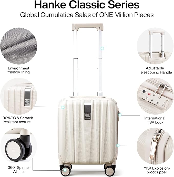 Hanke 14 Inch Underseat Carry On Luggage with Wheels, Lightweight, Waterproof, TSA-Approved, Suitcase, Ivory White